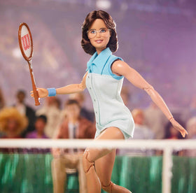Barbie Billie Jean King blue mint dress, sparkly collectible for display shelves and fan collections.