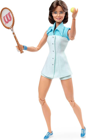Barbie Billie Jean King with tennis dress and glasses, ideal display and imaginative play.