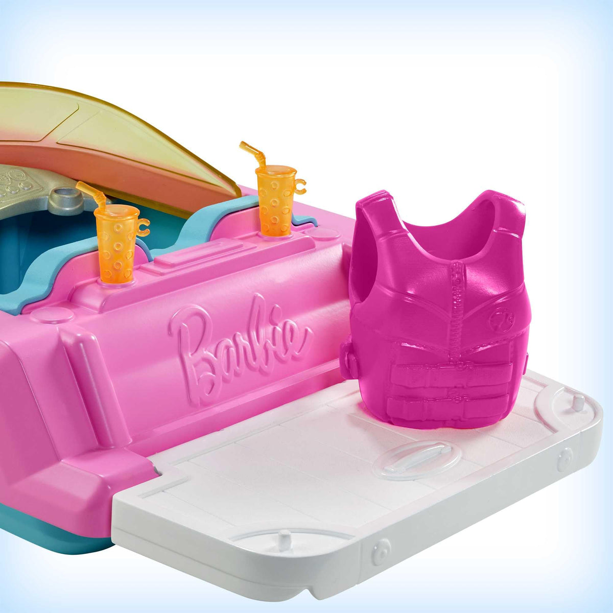 Barbie boat includes beverage accessories for pretend refreshment