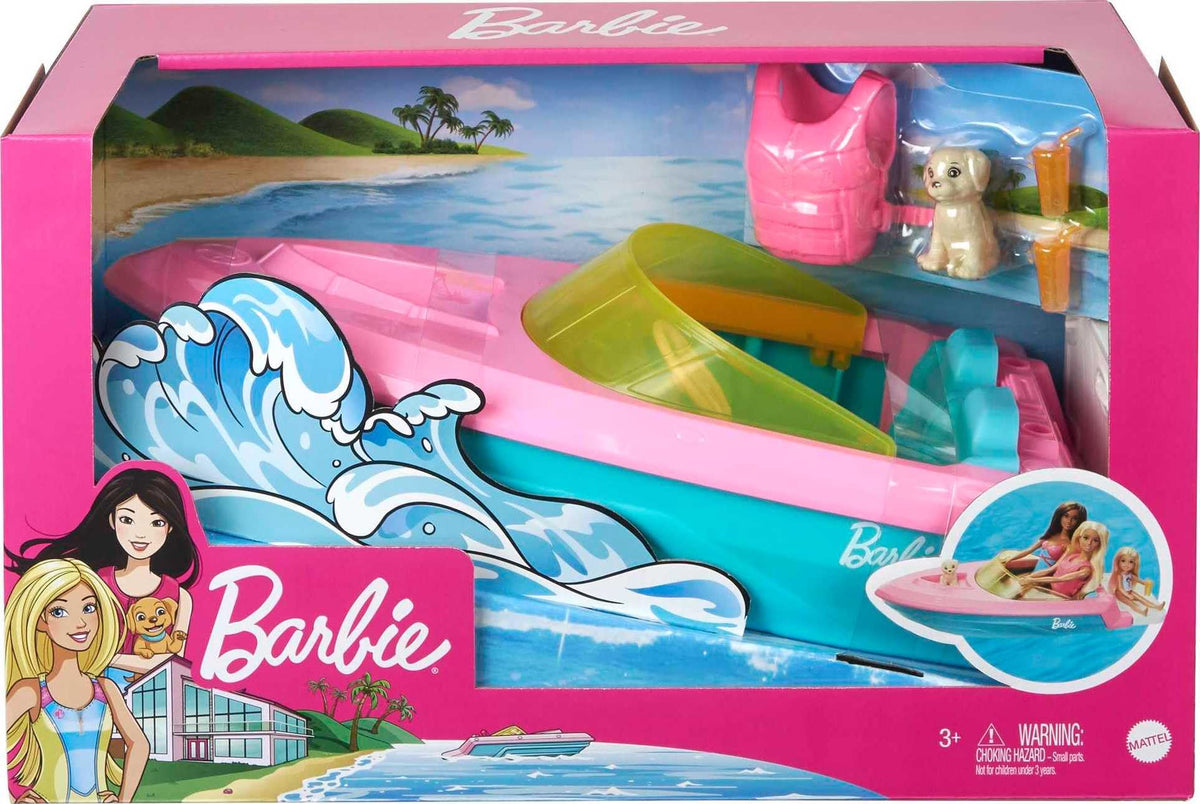 Barbie boat's pink-blue design stands out with yellow weather shield