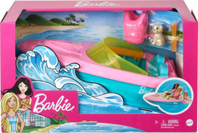 Barbie boat's pink-blue design stands out with yellow weather shield
