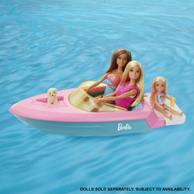 Barbie boat puppy seat at bow keeps the pup snug