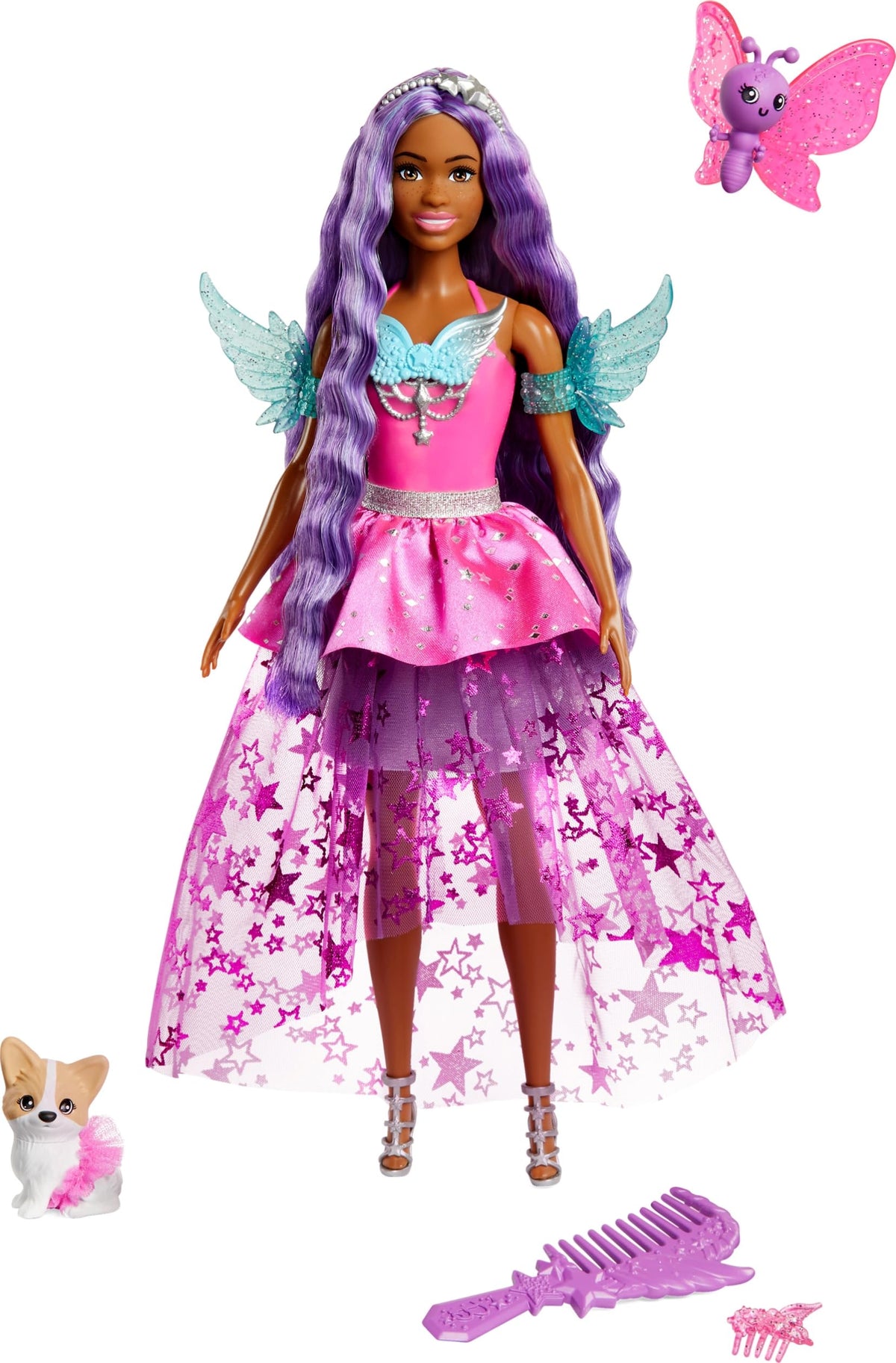 Barbie Brooklyn doll with fantasy pets and dress for imaginative play.