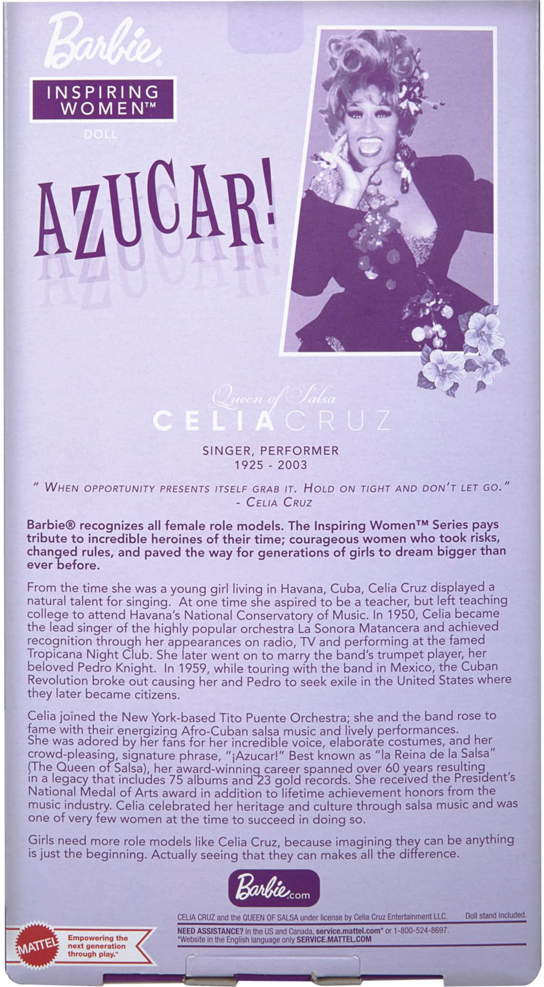 Barbie Celia Cruz certificate of authenticity confirms its collectible status.