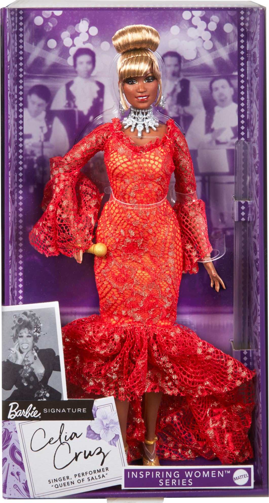 Barbie Celia Cruz doll in red lace dress ready for display.