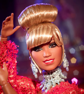 Barbie Celia Cruz display packaging showcases collectible presentation.