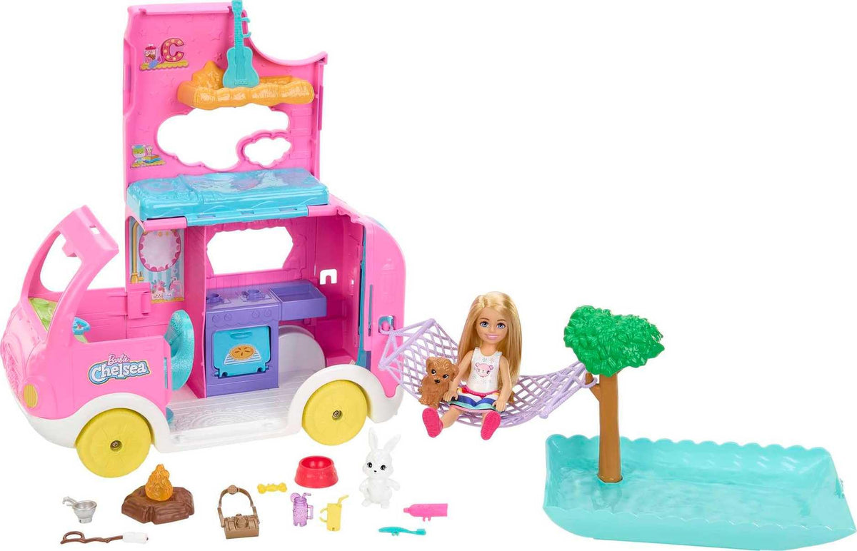 Barbie Chelsea 2-in-1 Camper rooftop pool scene fuels outdoor storytelling.