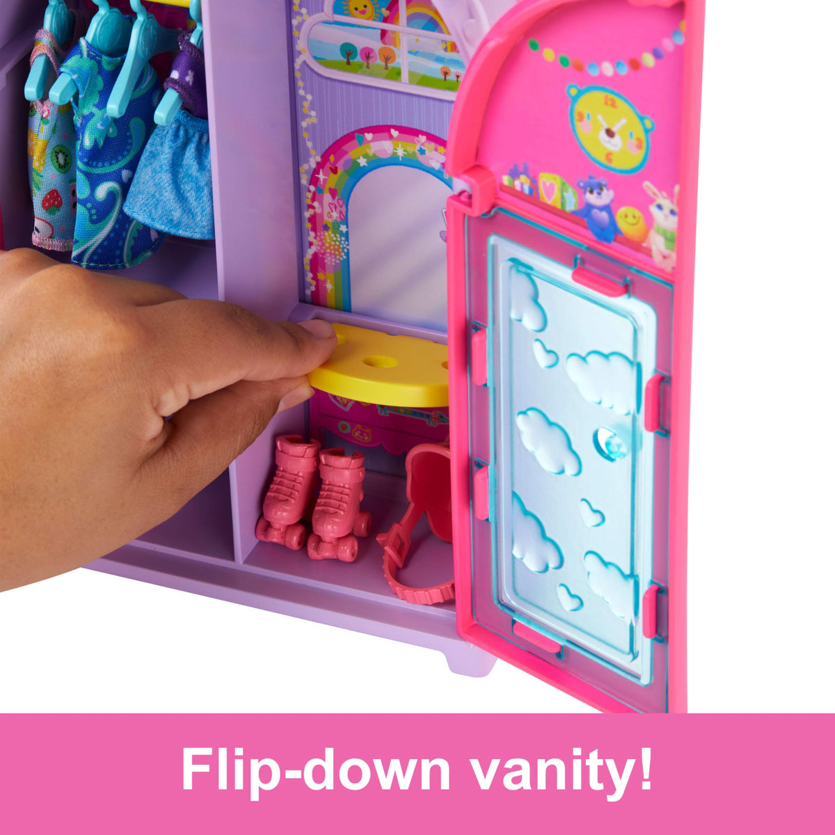 Barbie Chelsea accessories set includes helmet, sunglasses, and slippers for creative styling.