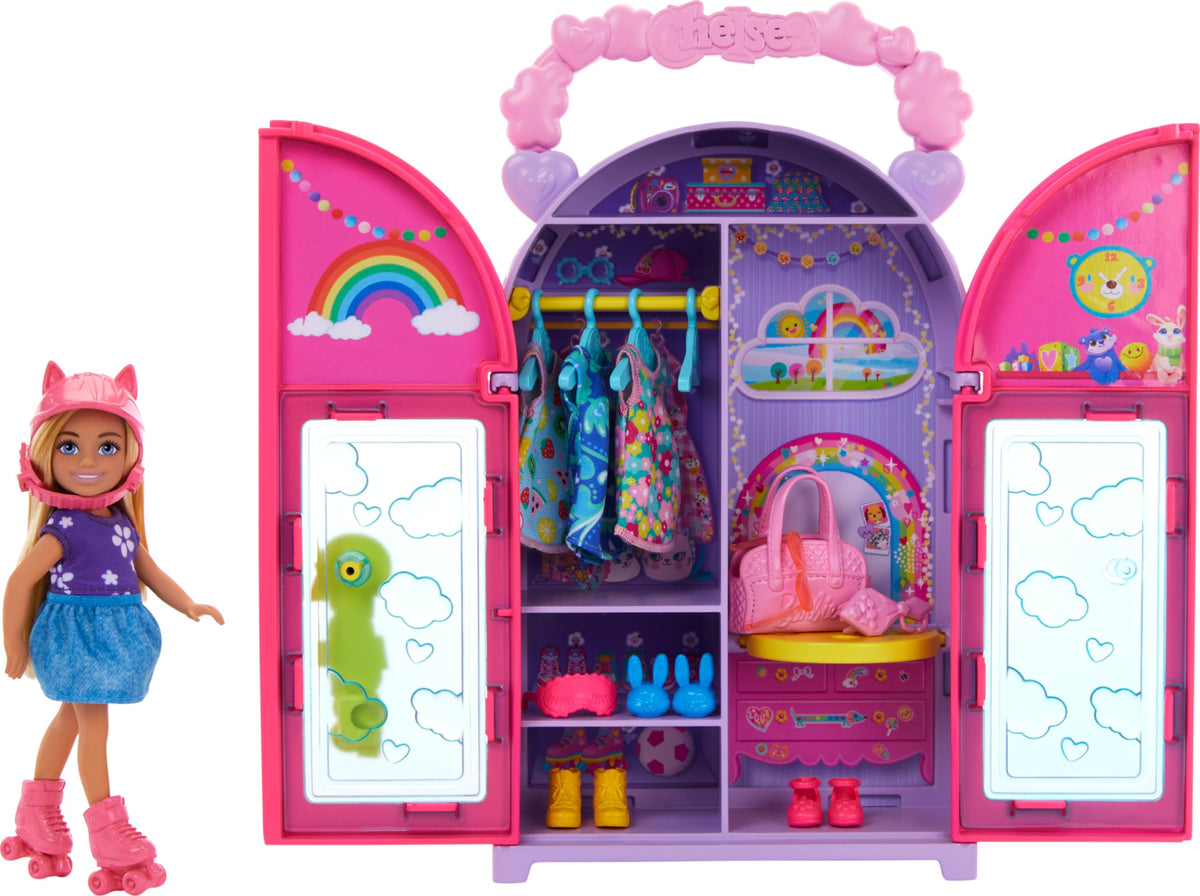 Barbie Chelsea closet playset open, easy storage for on-the-go dress-up.
