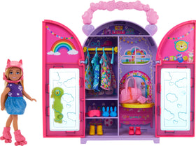 Barbie Chelsea closet playset open, easy storage for on-the-go dress-up.