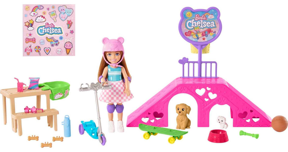 Barbie Chelsea doll at the skate park ramp for imaginative play.