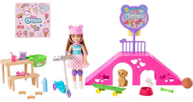 Barbie Chelsea doll at the skate park ramp for imaginative play.