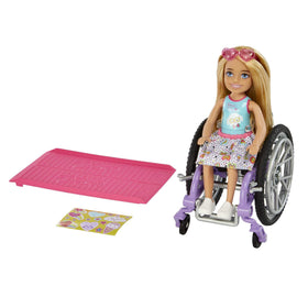 Barbie Chelsea doll in wheelchair with moving wheels for realistic play scenarios.