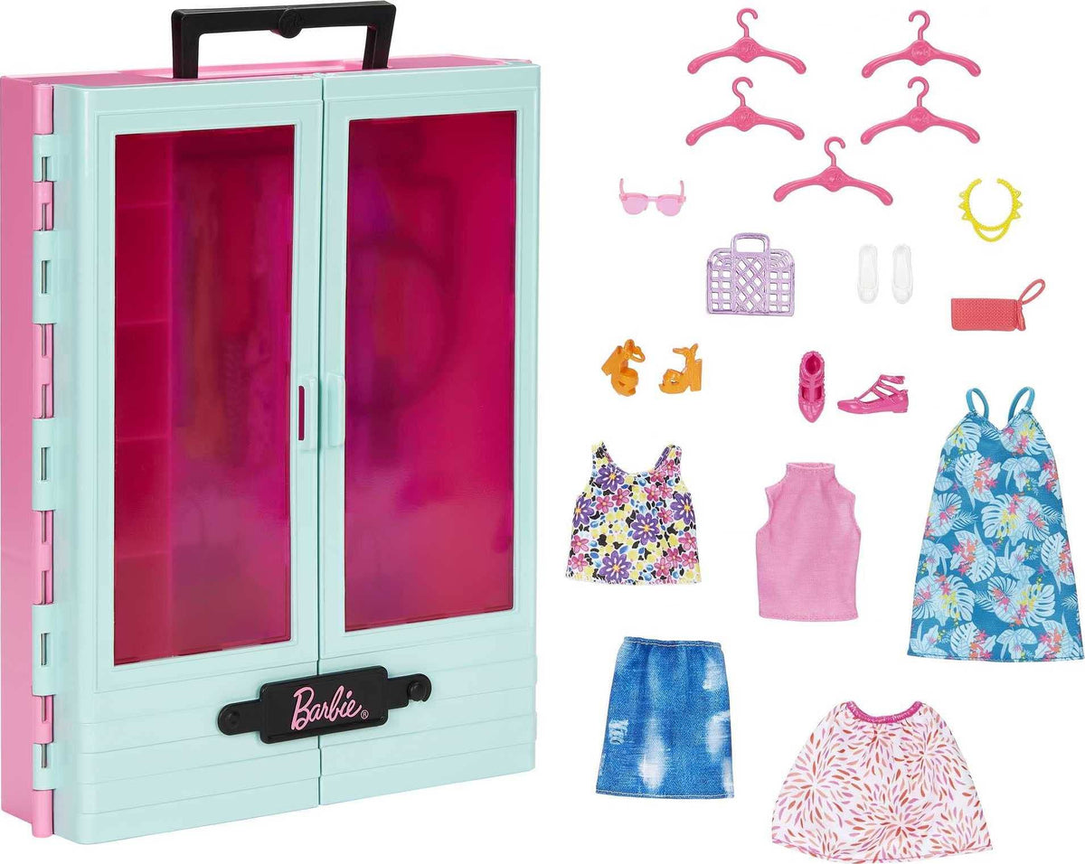 Barbie closet playset with blue exterior and pink interior for portable dress-up fun.