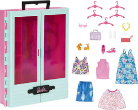 Barbie closet playset with blue exterior and pink interior for portable dress-up fun.