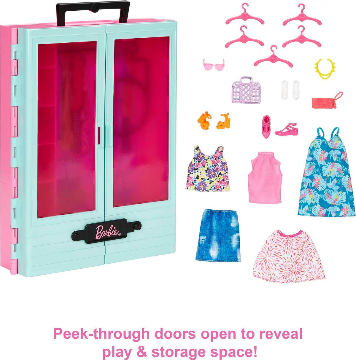 Barbie closet playset hanging rack keeps looks organized for quick changes.
