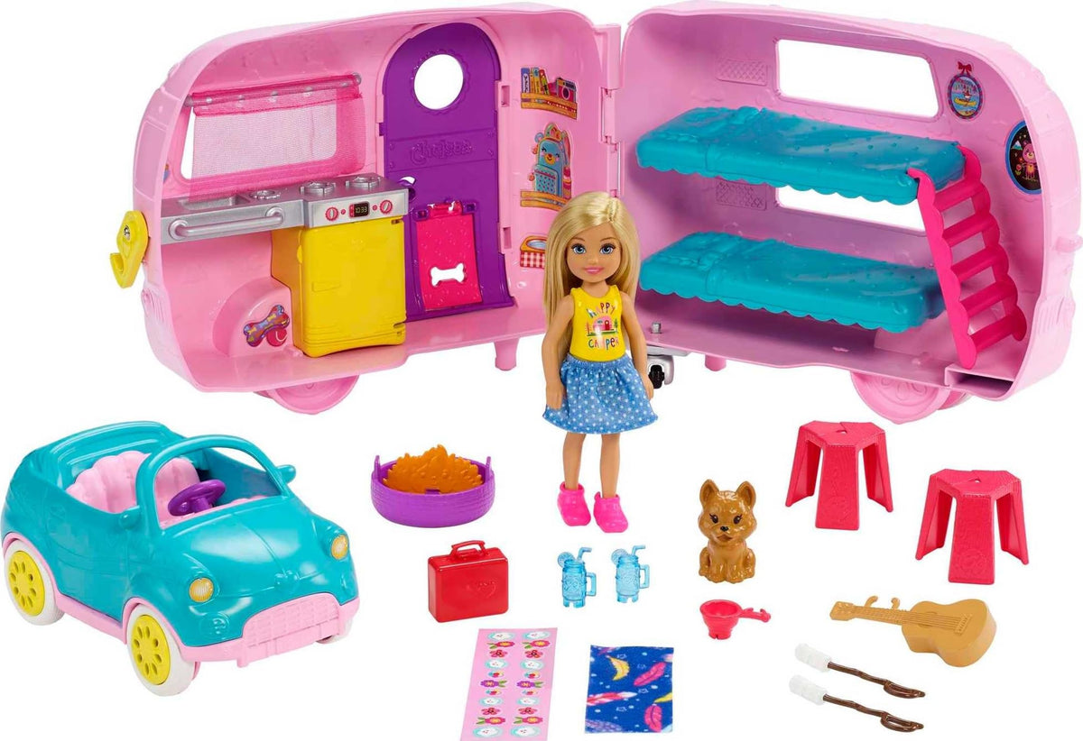 Barbie Club Chelsea camper playset with car and detaching camper for imaginative travel
