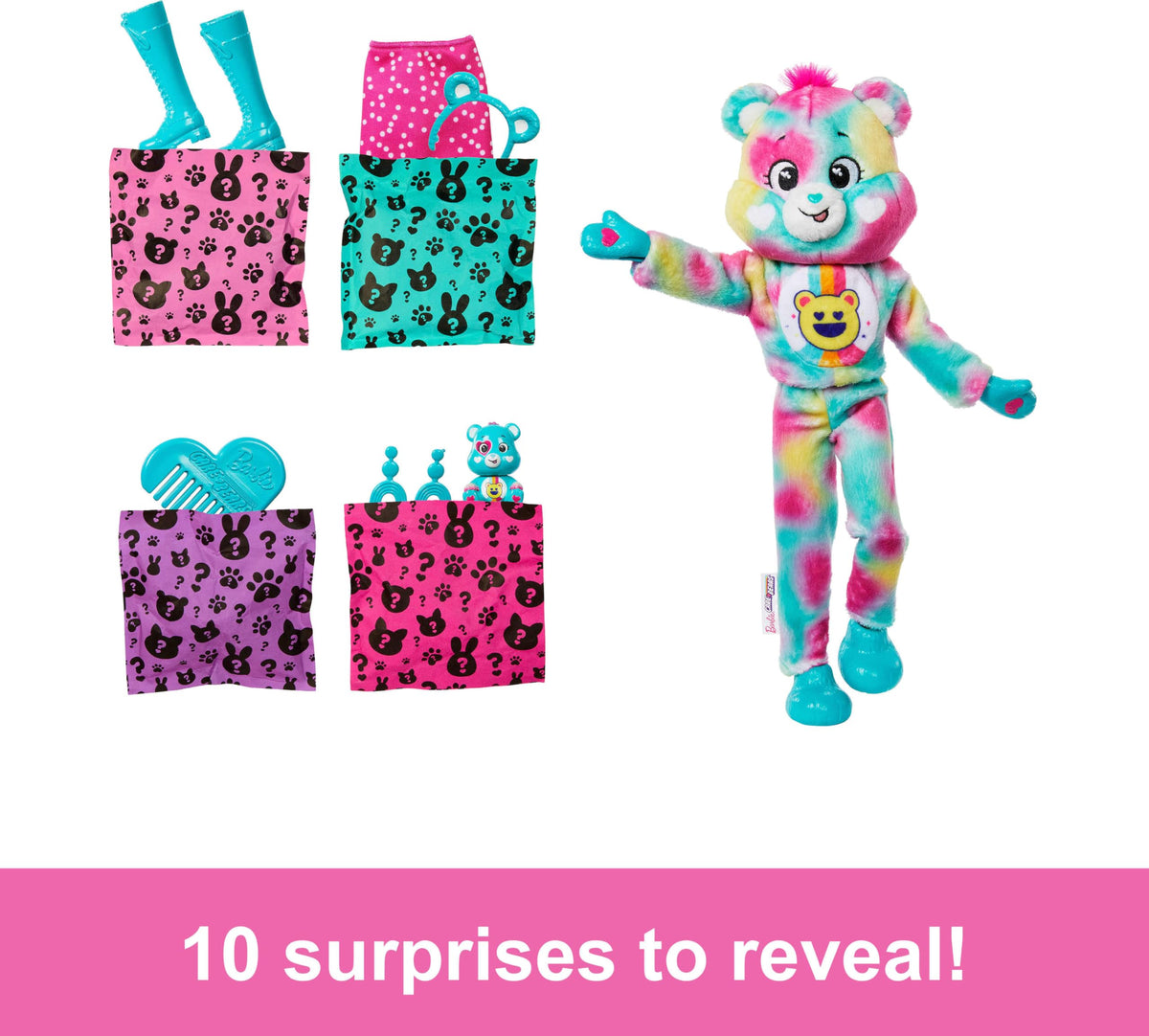 Barbie Cutie Reveal Care Bears doll reveal shows a poseable fashion doll.