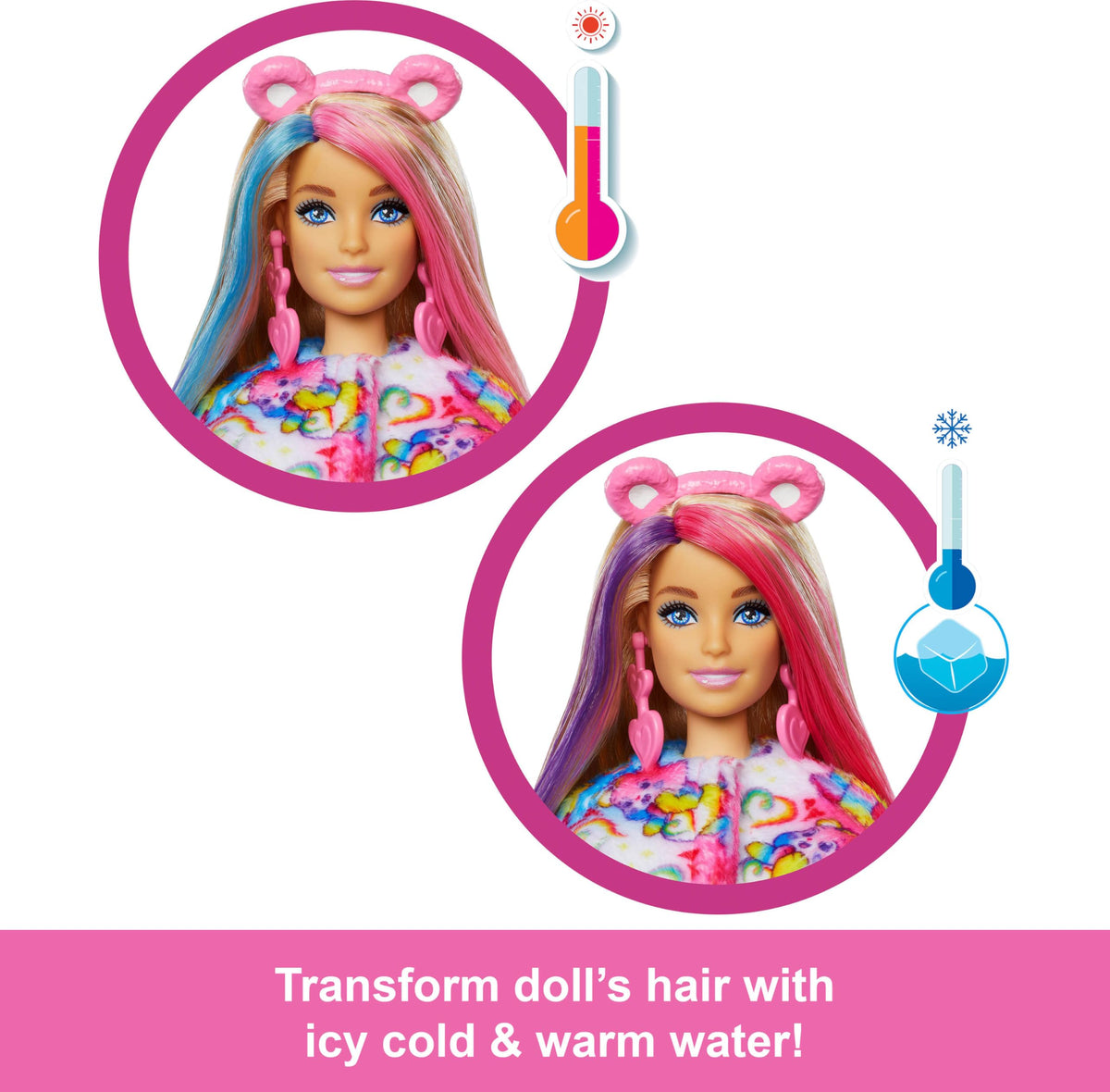 Barbie Cutie Reveal Care Bears doll reveal shows posable Barbie with colorful hair highlights for creative styling