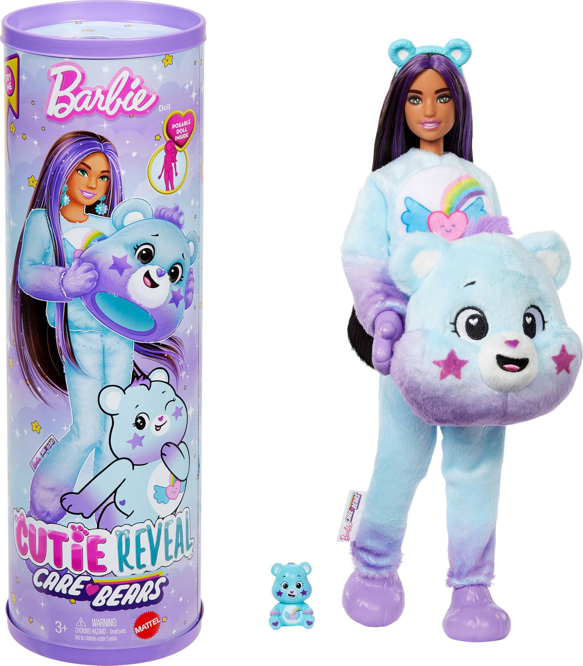 Barbie Cutie Reveal Care Bears Dream Bright Bear doll with plush costume and posable joints for imaginative play