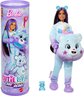 Barbie Cutie Reveal Care Bears Dream Bright Bear doll with plush costume and posable joints for imaginative play