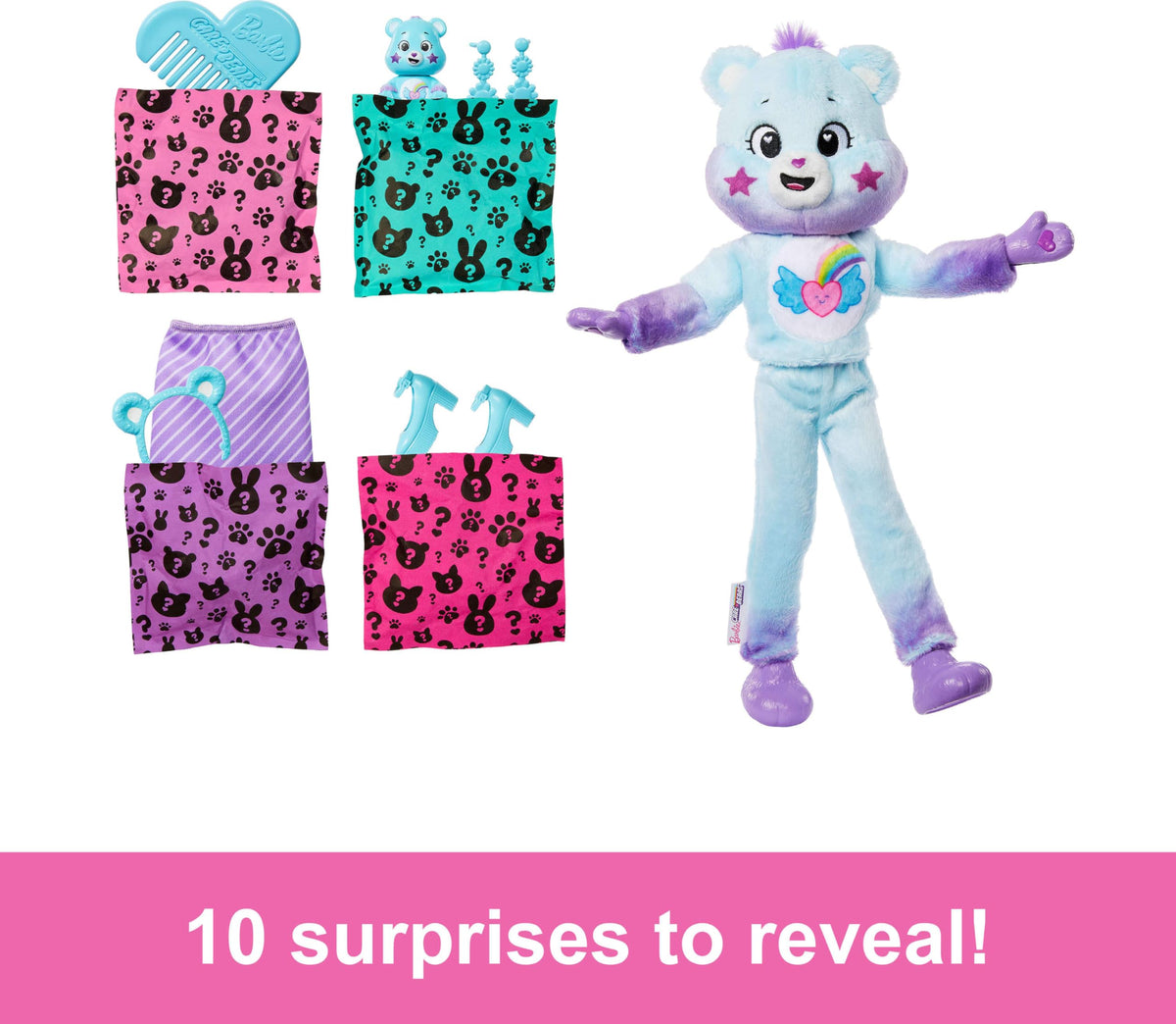 Close-up of the plush-costume for Barbie Cutie Reveal Care Bears with color-change features on the face