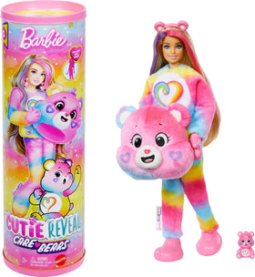 Barbie Cutie Reveal Care Bears packaging showing 10 surprises for curious kids
