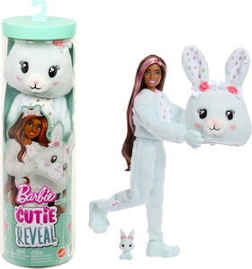 Barbie Cutie Reveal Cuddly Bunny plush in pastel blue, ideal for imaginative play with friends.