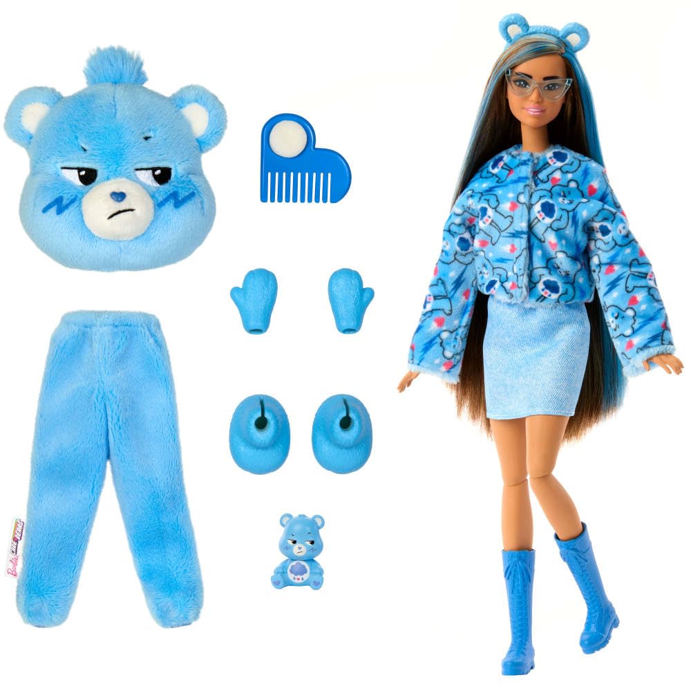 Barbie Cutie Reveal doll revealed with long brown hair streaked blue and twinkle-shine eyes