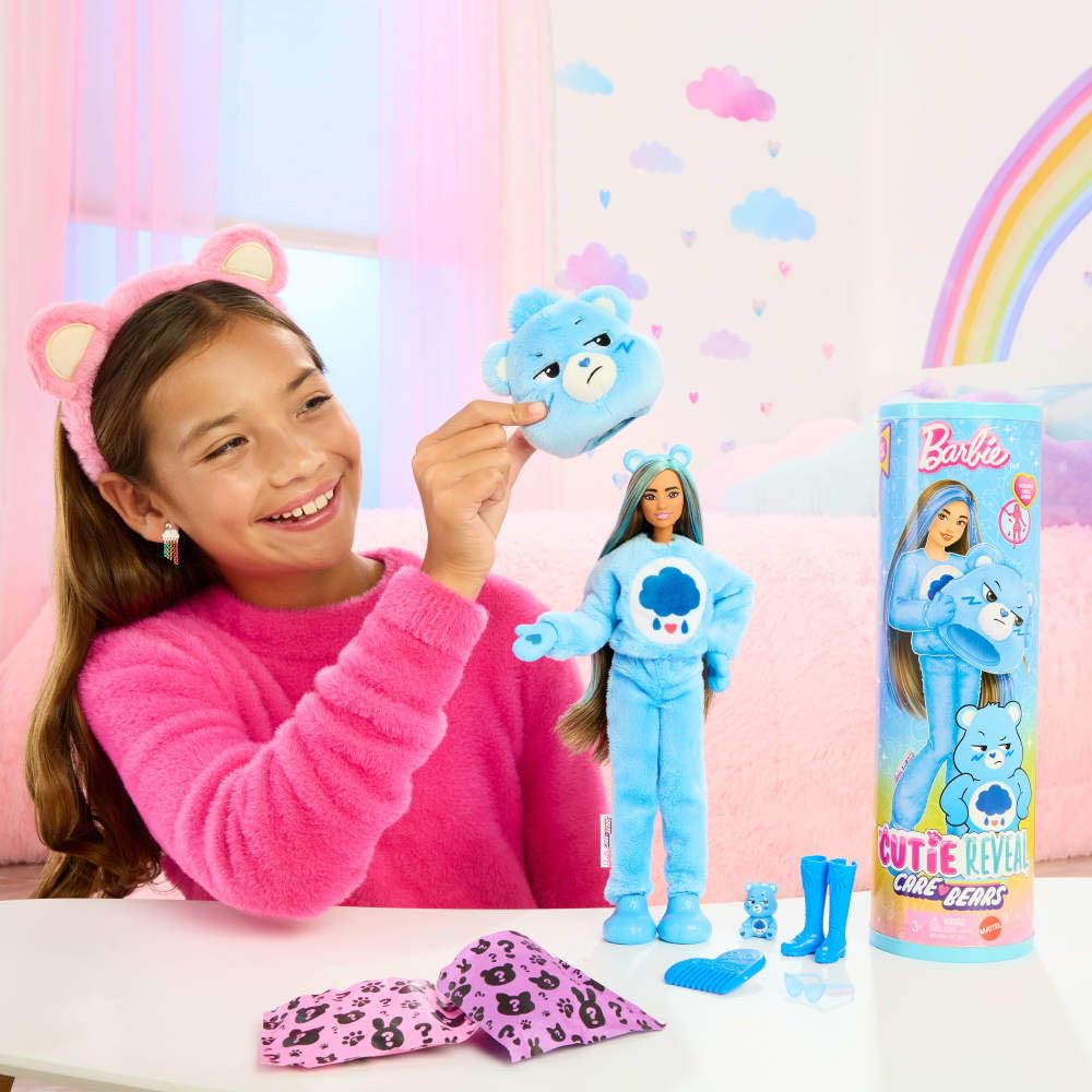 Barbie Cutie Reveal Grumpy Bear costume highlights a blue plush outfit with frown and rain cloud design