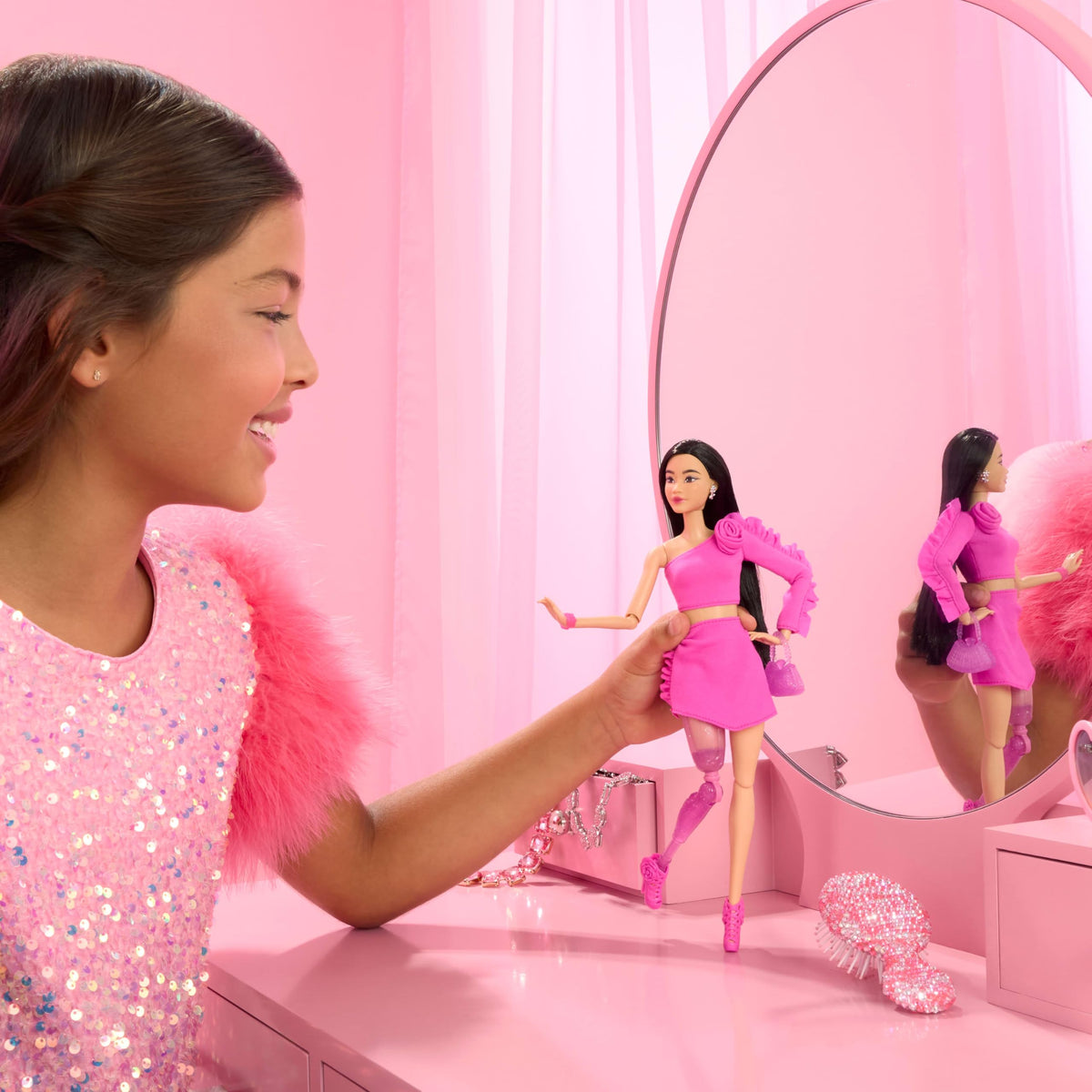 Barbie Deluxe Style doll pink top and skirt with rosette for chic styling