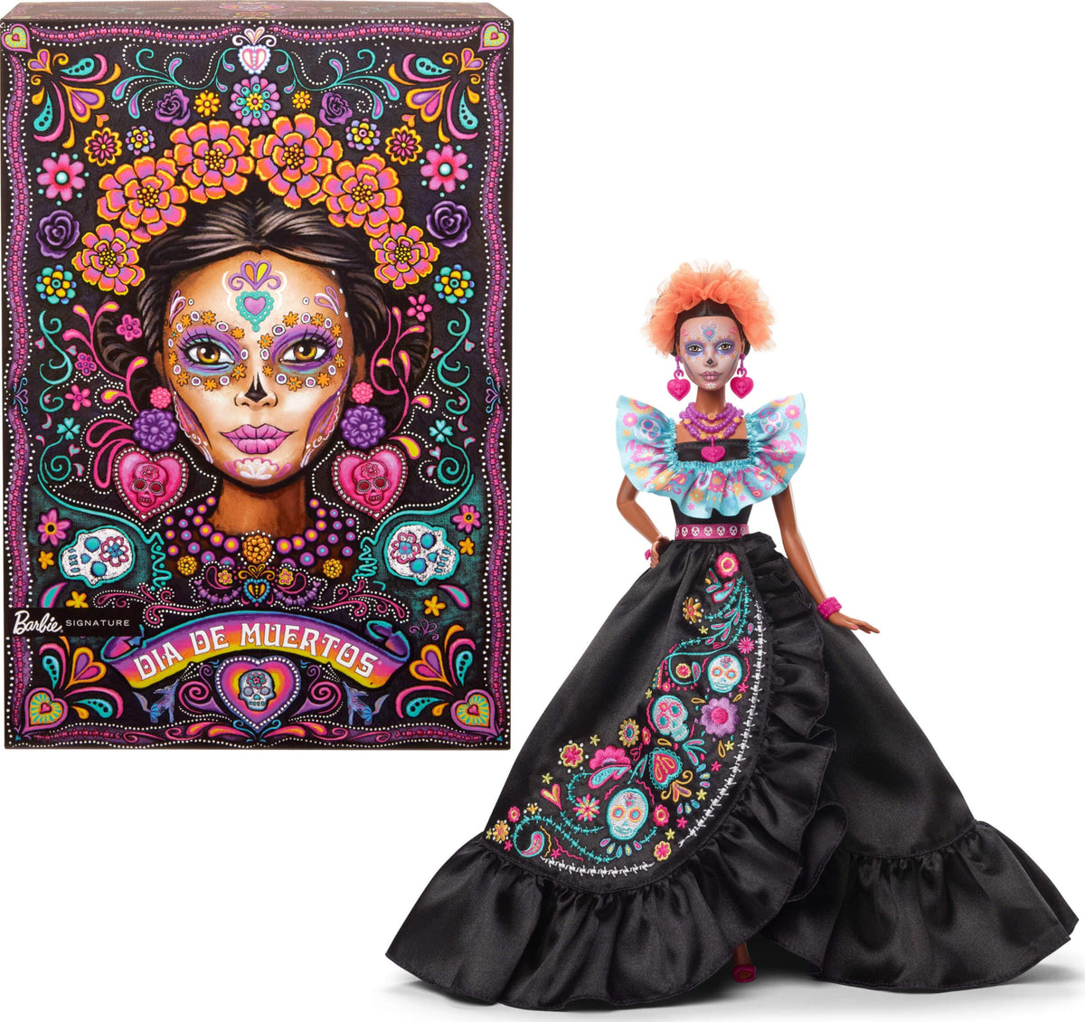 Barbie Día De Muertos 2024 black dress with blue bodice for collectible display