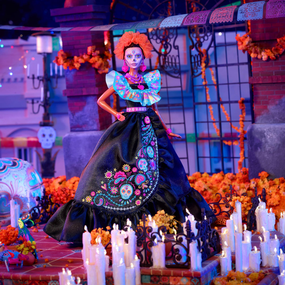 Barbie Día De Muertos blue ruffle top detail elevates holiday style