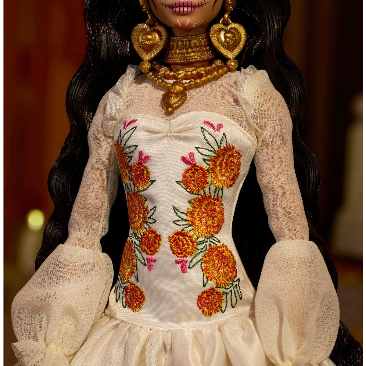 Barbie Dia de Muertos doll with skull-face makeup, a vibrant centerpiece for décor.