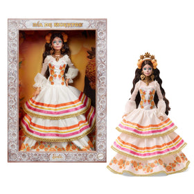 Barbie Dia de Muertos doll in cream gown, marigold-inspired elegance for display.