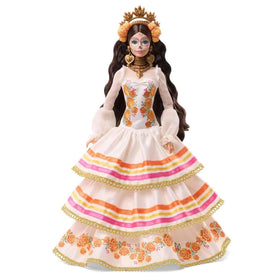 Barbie Dia de Muertos doll with floral-trim dress and bright ribbons.
