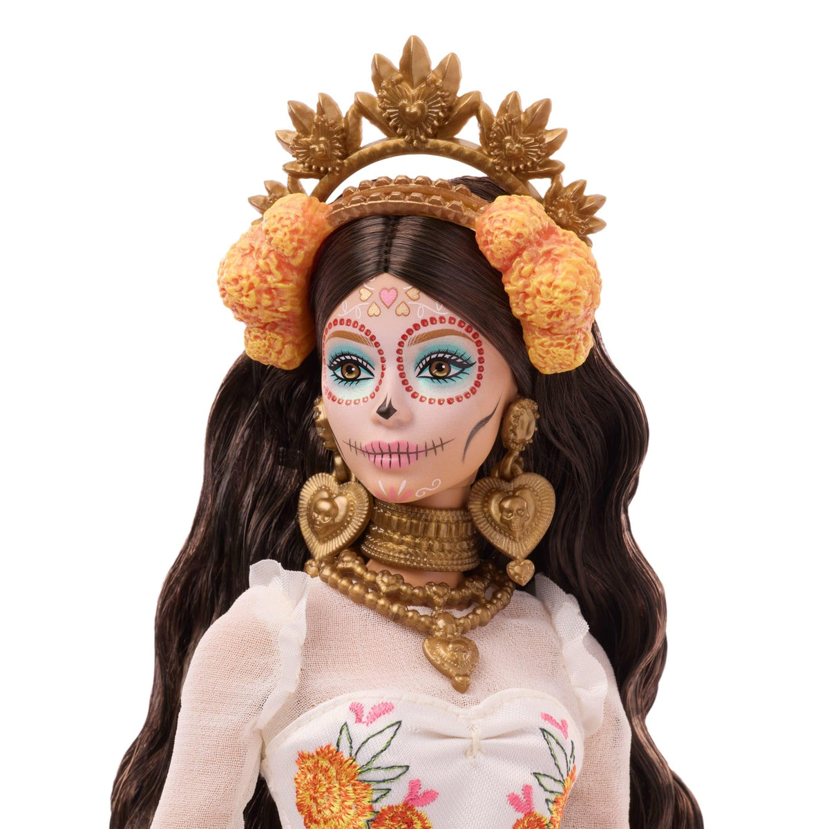 Barbie Dia de Muertos packaging in vibrant marigold hues for display and gifting.