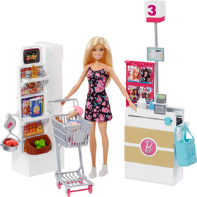 Barbie doll beside a rolling cart for imaginative grocery shopping play.