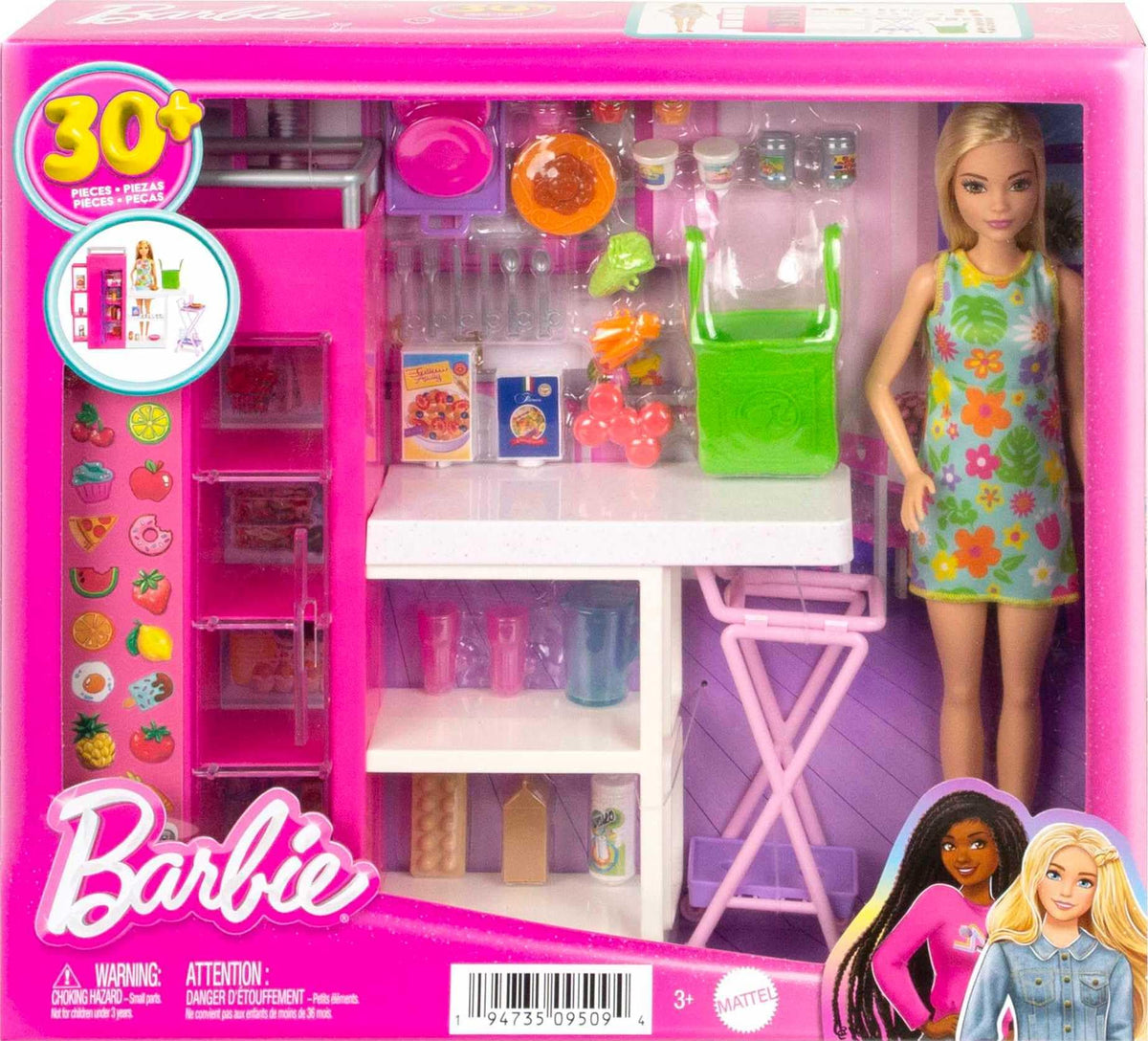 Barbie doll in floral dress enhances role-play at the grocery and market.