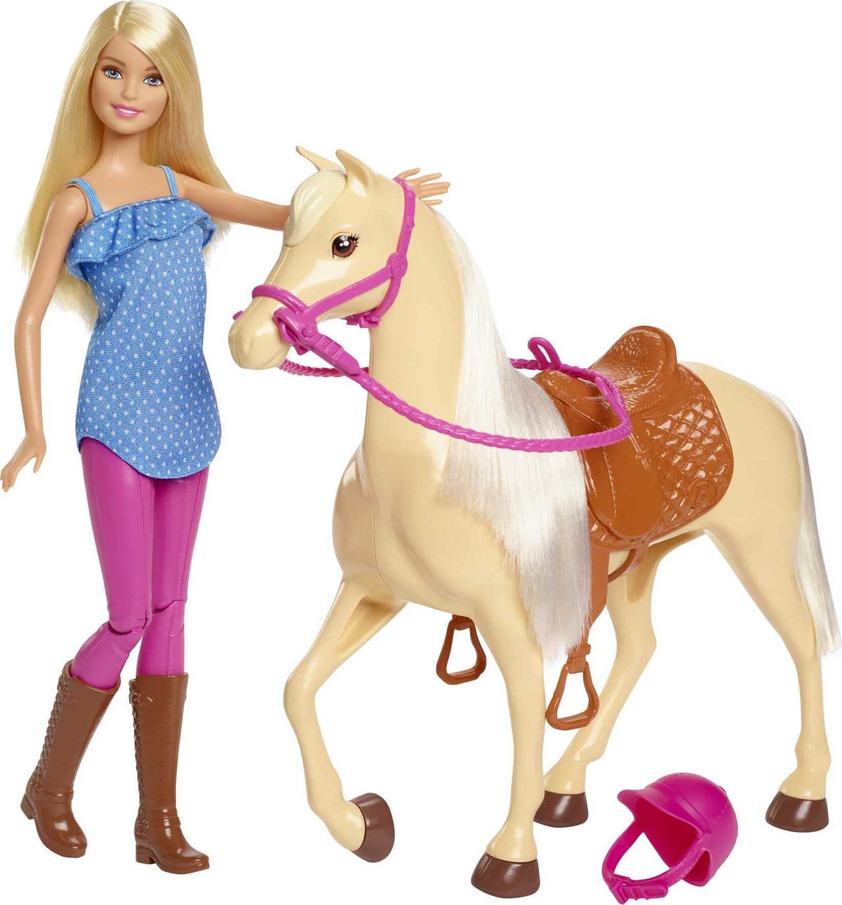 Barbie doll on horse readies for imaginative ride time with the set