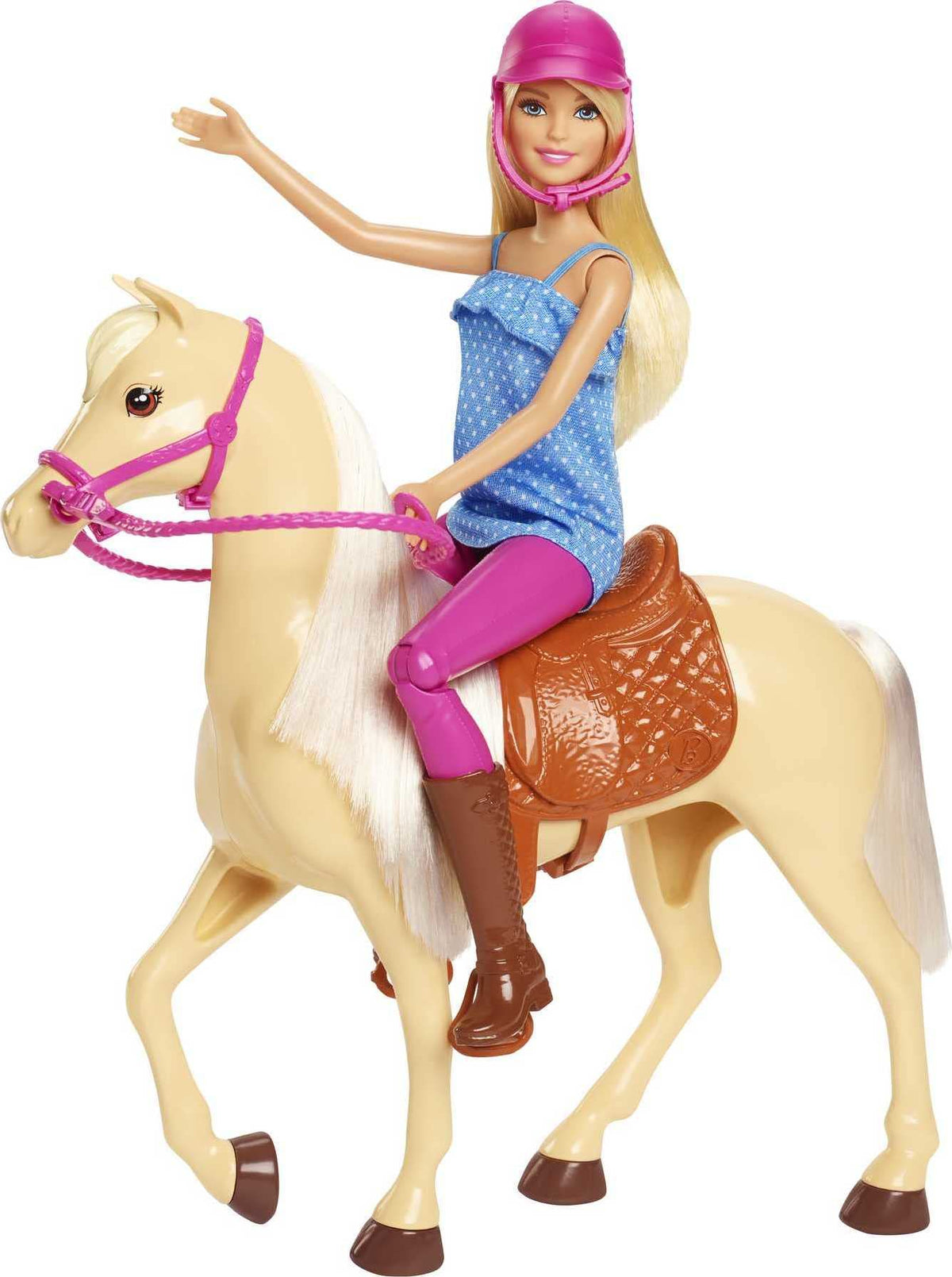 Doll wearing pink helmet and tall boots for confident riding storytelling
