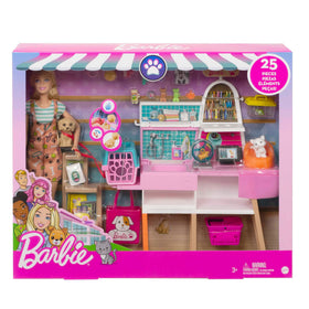 Barbie doll wardrobe with puppy-inspired print for quick dress-up.