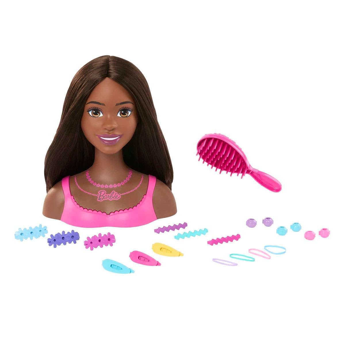 Barbie Doll Styling Head with brown hair and 20 accessories for creative hair design.