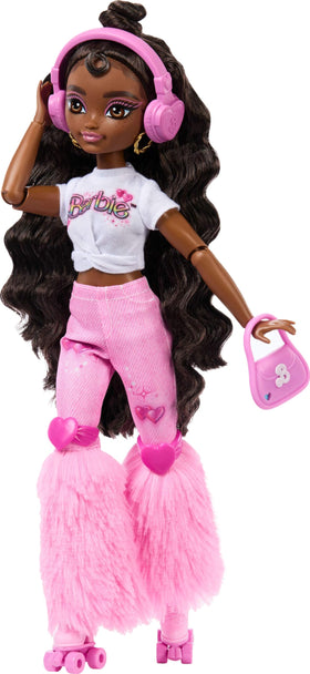 Barbie Dream Besties Brooklyn long dark hair styled in a top bun for creative looks.