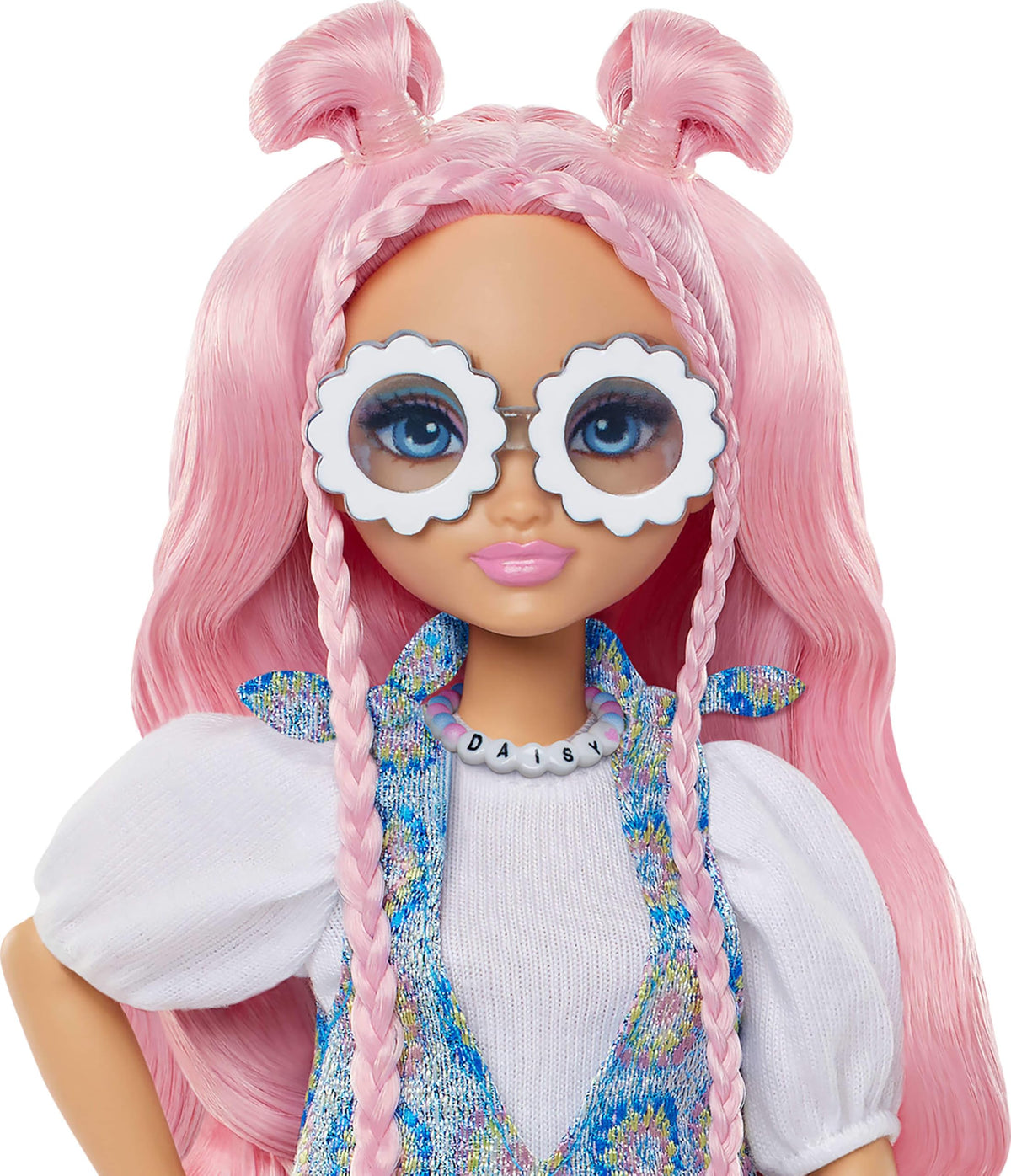 Daisy Jean long pink hair styled in space buns for playful looks.