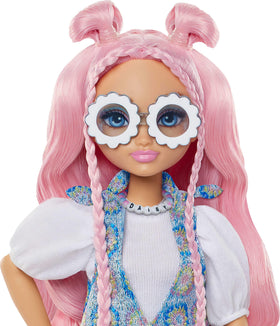 Daisy Jean long pink hair styled in space buns for playful looks.