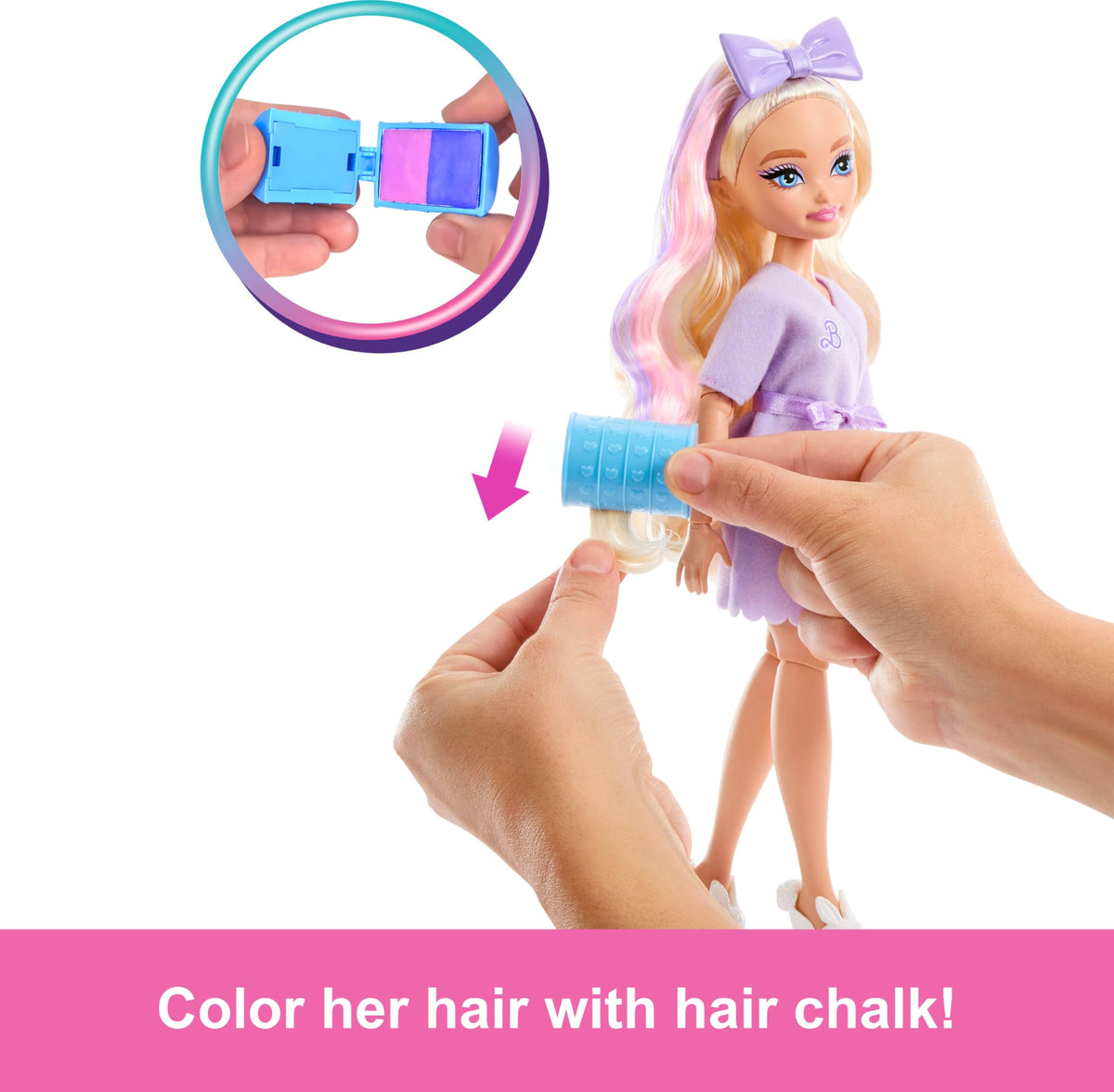 Barbie Malibu Dream Besties hair chalk and oversized bow for playful styling.