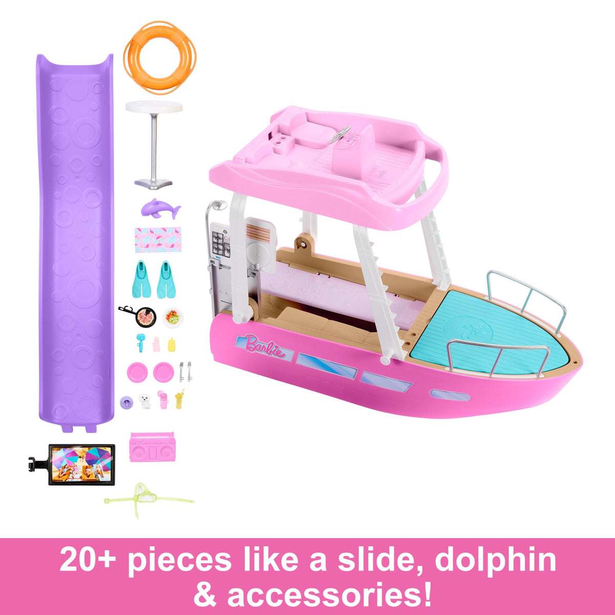 Barbie Dream Boat kitchen area enables pretend meals during playtime with friends.