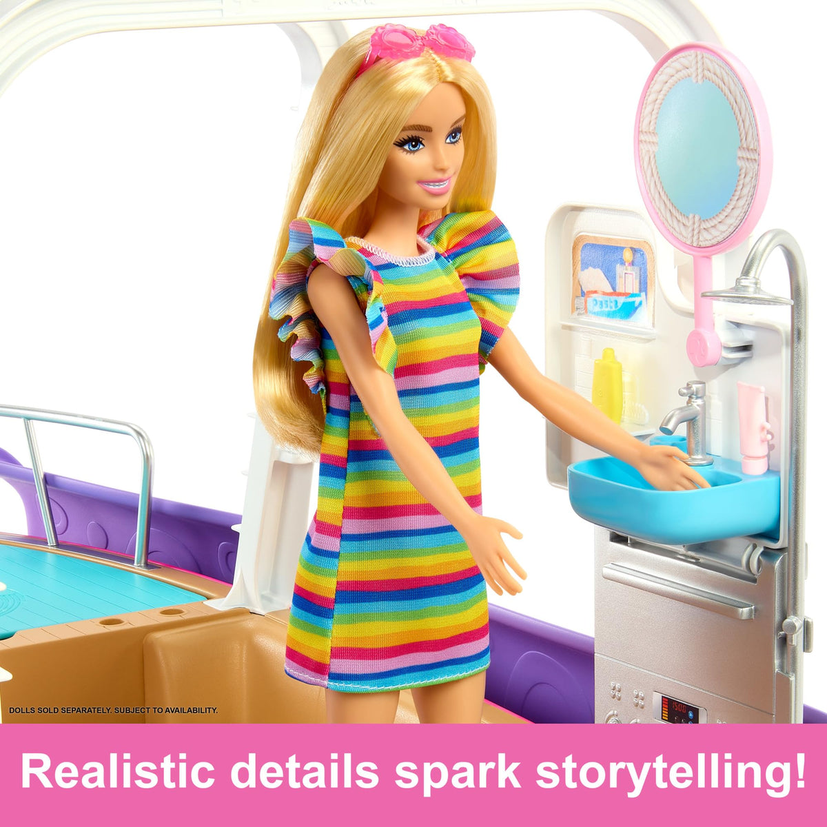 Barbie Dream Boat living area transforming into a bedroom for overnight stories.