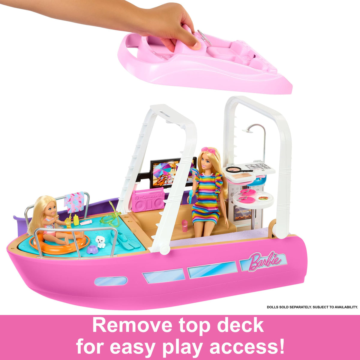 Barbie Dream Boat top deck offers steering and sunbathing options for Barbie.